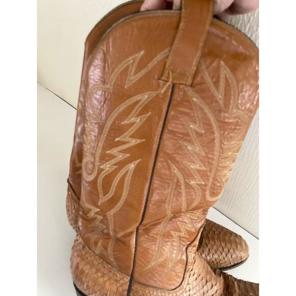 VTG Cat\'s Paw Cowboy Boots Orange Tan Leather Men\'s Size 9 Western Snakeskin